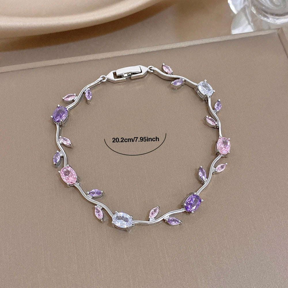 Pink/Purple Zircon Flower Leaf Silver Chain Bracelet in Copper - Elegant, Feminine