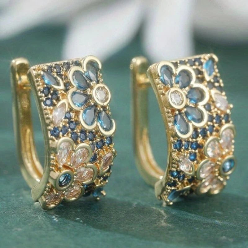 Retro Zircon Blue Flower Hoop Alloy Earrings