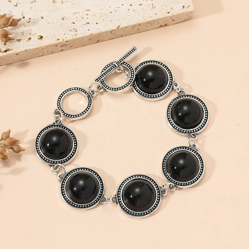 Large Round Faux Pearl Zinc Alloy Bracelet - Boho Style Bold Adjustable