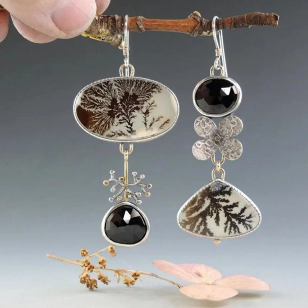 Nature Print Asymmetrical Water Drop Flower Black Stone Alloy Earrings