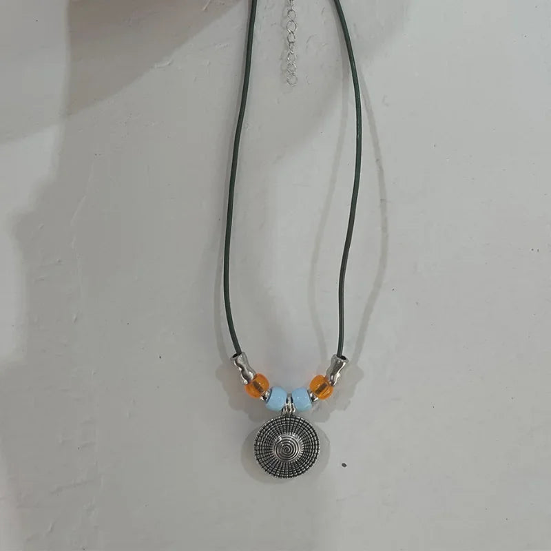 Boho Style Round Pendant Alloy Necklace with Faux Turquoise Beaded Leather Cord