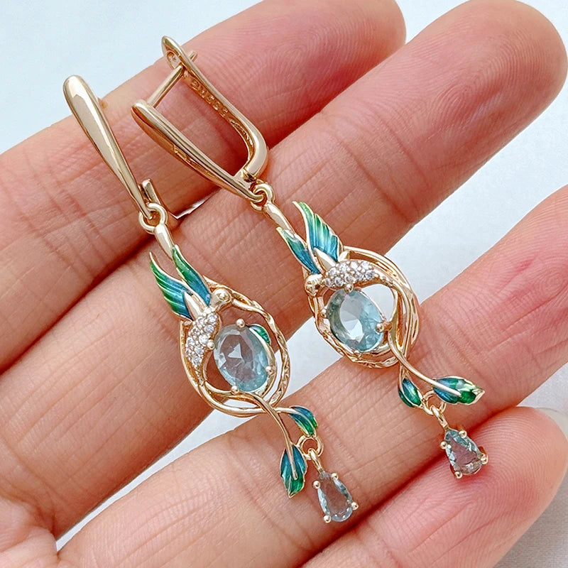 Delicate 14K Rose Gold Plated Copper Peacock Drop Blue Natural Zircon Earrings