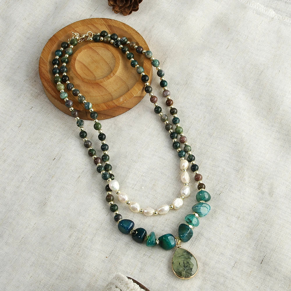 Bohemian 2-Layer Tiger Eye Indian Agate Stone Freshwater Pearl Drop Pendant Necklace