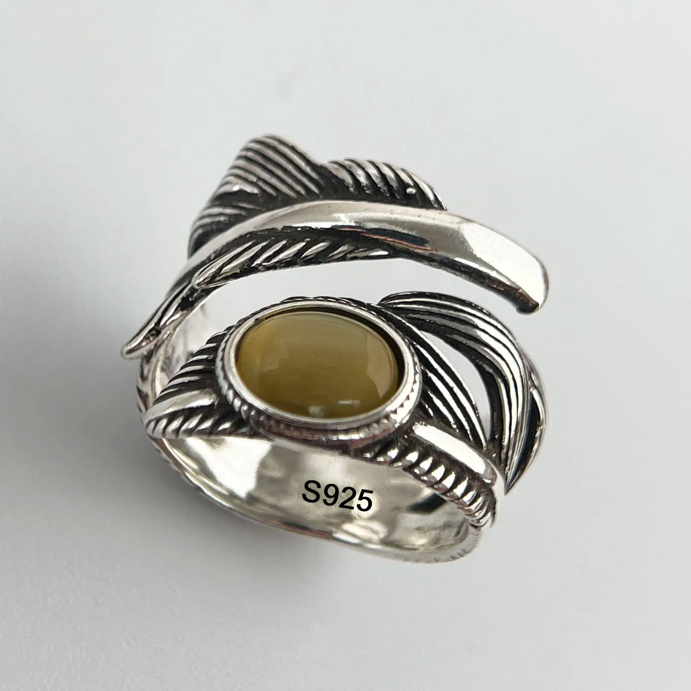 925 Sterling Silver Citrine Feather Adjustable Ring