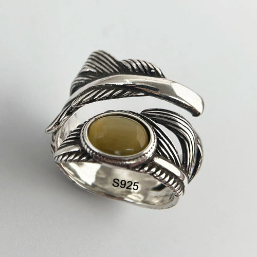 925 Sterling Silver Citrine Feather Adjustable Ring