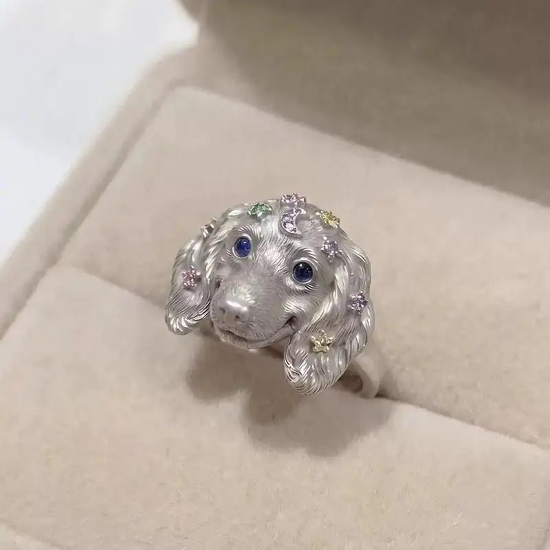 Zinc Alloy Dog Head Rings with Cubic Zirconia Stones - Various Breeds & Styles