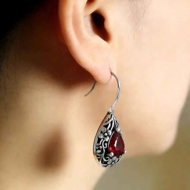 925 Sterling Silver Red Zircon Flower Drop Earrings