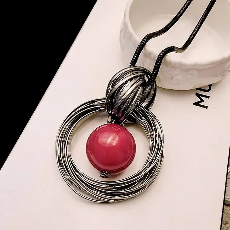 Pearl Ball Multi Layered Round Metal Pendant Long Gold-Plated Alloy Necklace