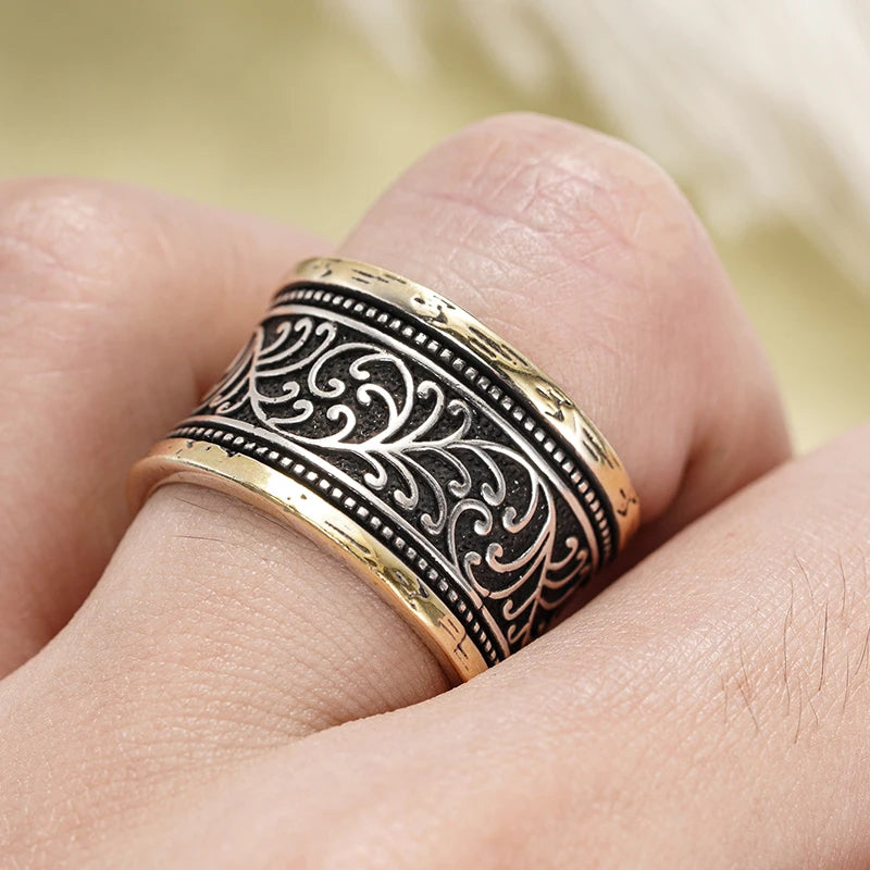 Two Tone Black Pattern Brass Band Ring - Bold, Statement Piece, Unique