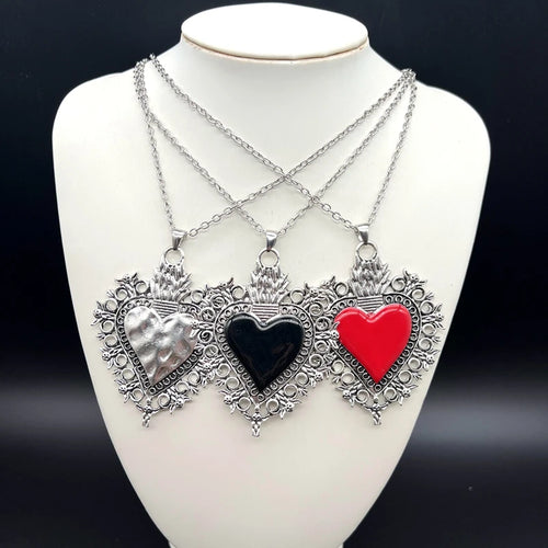 "Sacred Flaming Hearts" Mexican Milagros Gothic Vintage Inspired Zink Alloy Necklace