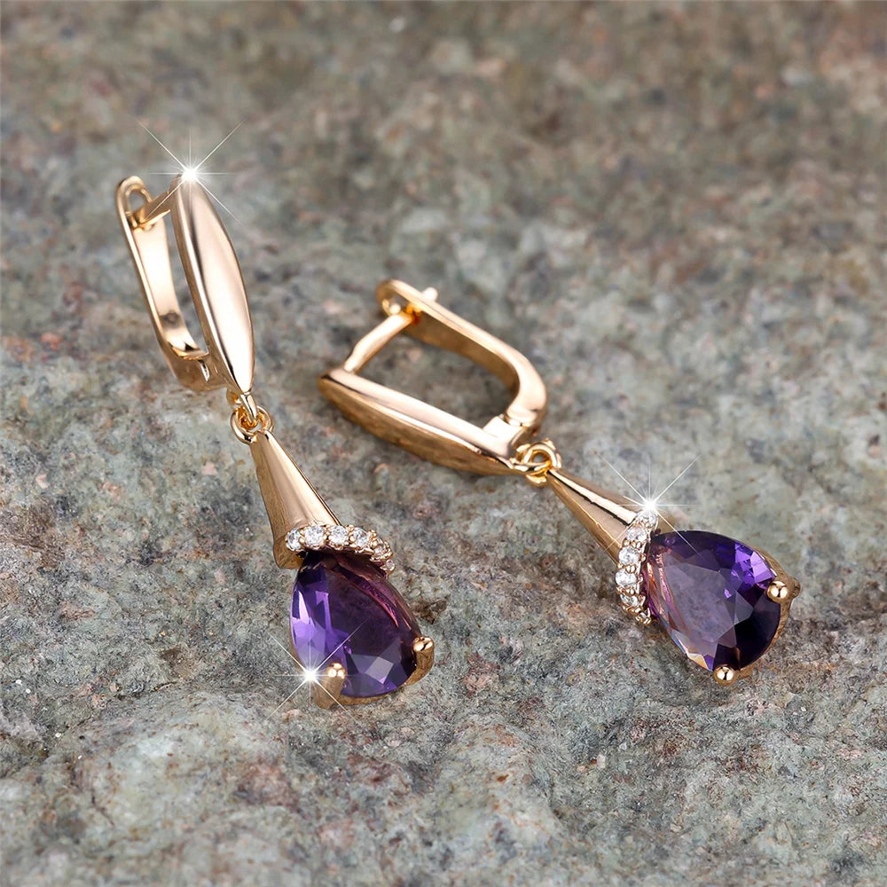 Elegant Female Purple Zircon Stone Water Drop Gold Color Earrings Cute Dangle Boho Wedding Jewelry For Women