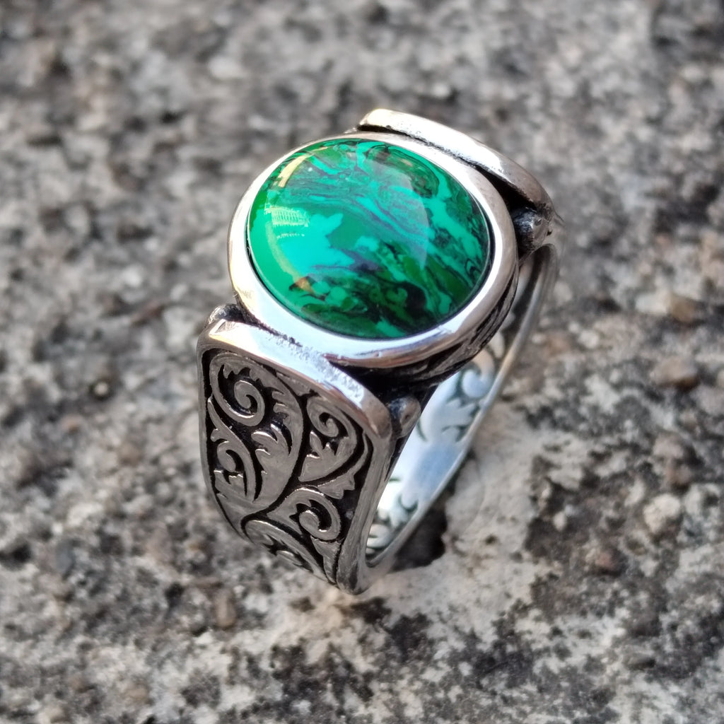 Antique Inspired Large Genuine Malachite Carved Stainless Steel Ring
