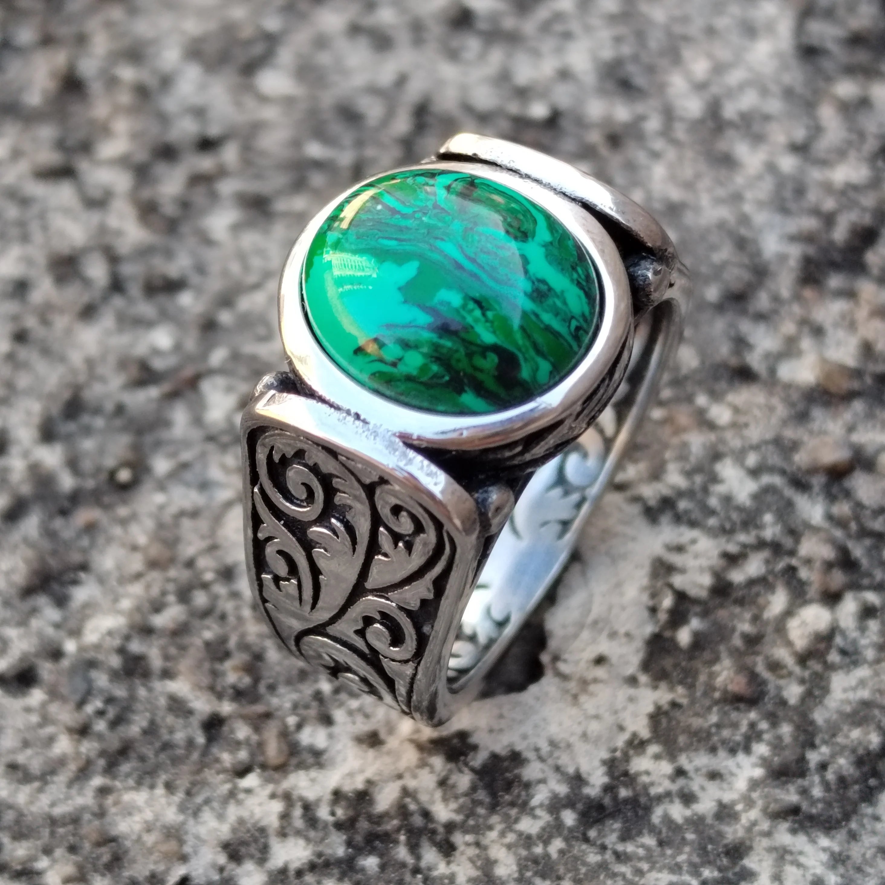 Antique Inspired Large Genuine Malachite Carved Stainless Steel Ring