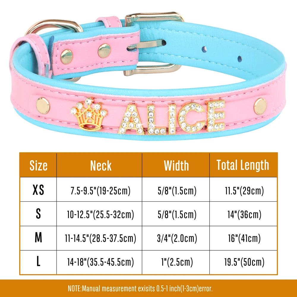 Faux Leather Dog Collar with Rhinestones - Customize, Engrave, Name Tag