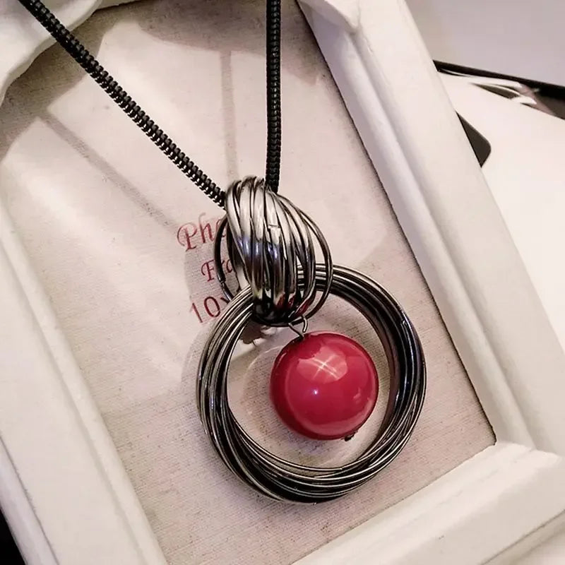 Pearl Ball Multi Layered Round Metal Pendant Long Gold-Plated Alloy Necklace