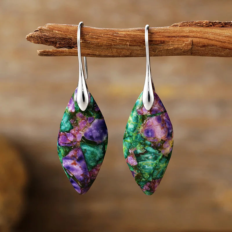 Bohemia Gold Plated Multicolored Natural Stone Leaf Shaped Earrings