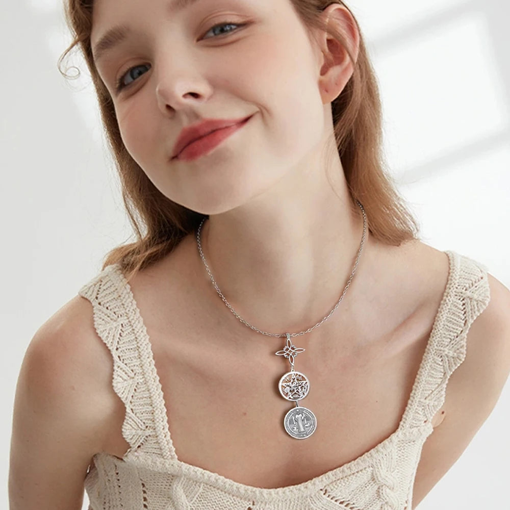 Triple Protection Stainless Steel Necklace: Witch knot, Pentagram Tetragrammaton, St. Benedict.