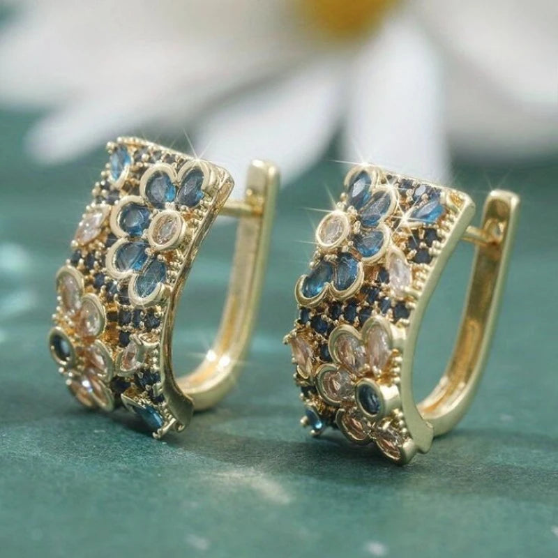 Retro Zircon Blue Flower Hoop Alloy Earrings