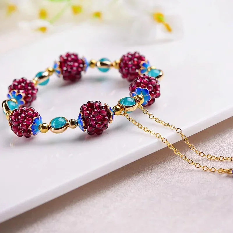 Pomegranate Fruit Blue Flower Tianhe Stone Beaded Strand Bracelet - Nature Inspired Unique