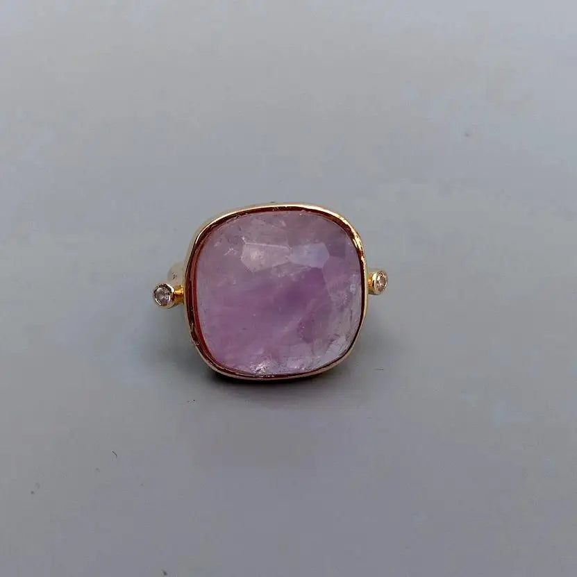 18K Gold Plated Copper Ring with Natural Purple Amethyst Stone, Adjustable