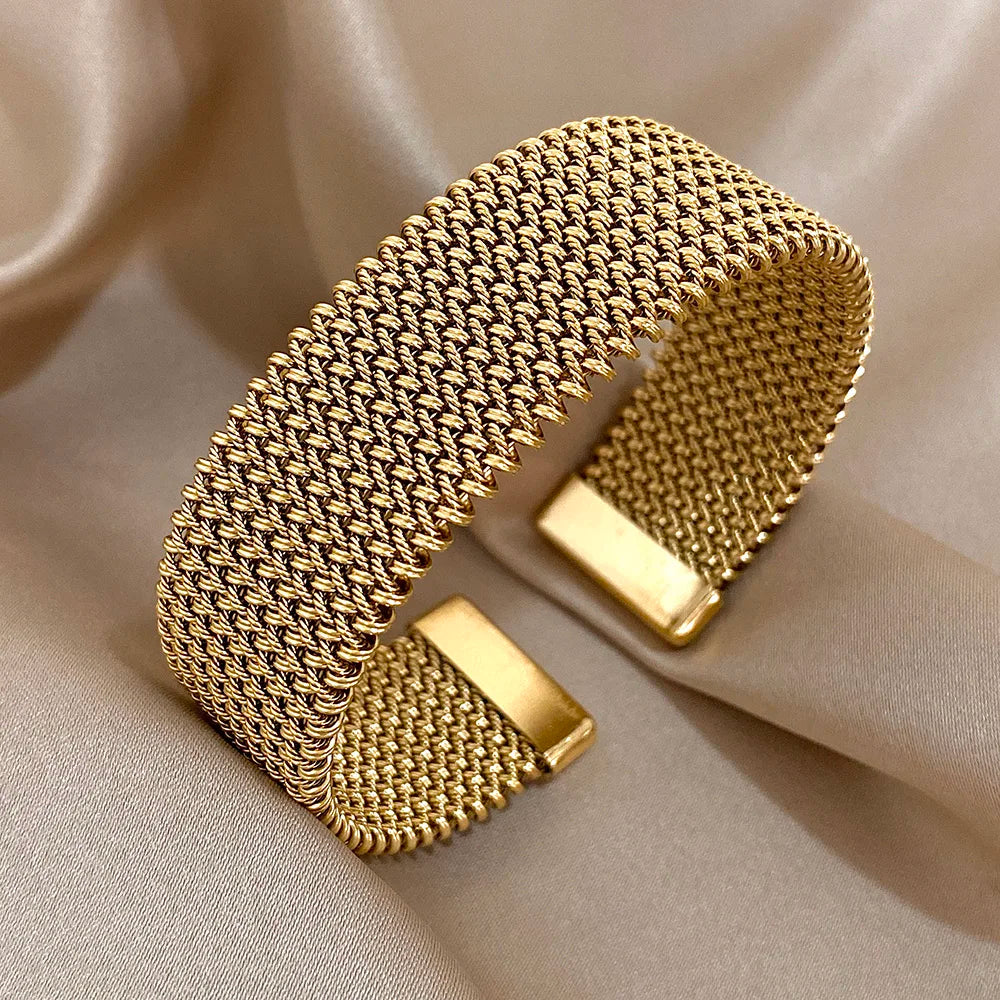 Golden Shade Stainless Steel Cuff Bracelet - Thick Weave Elegant