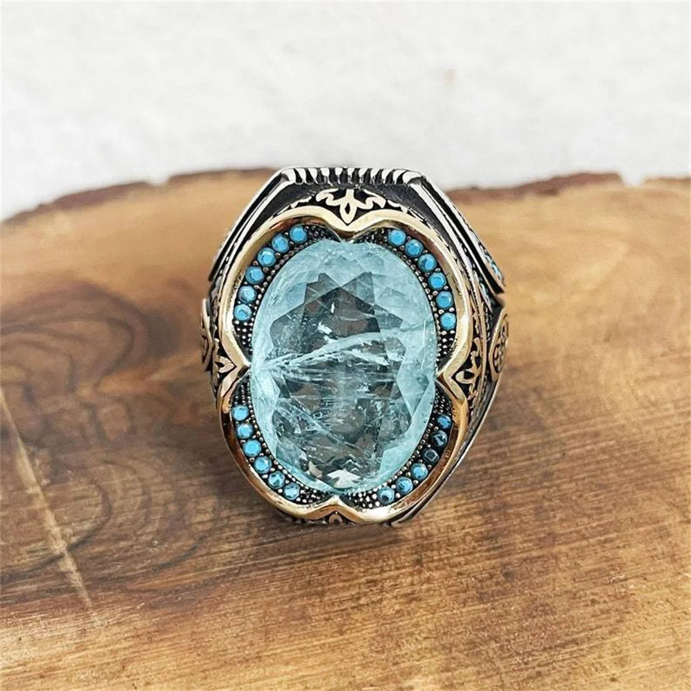 Turkish Large Blue Zircon Stone Zinc Alloy Two Tone Pattern Ring