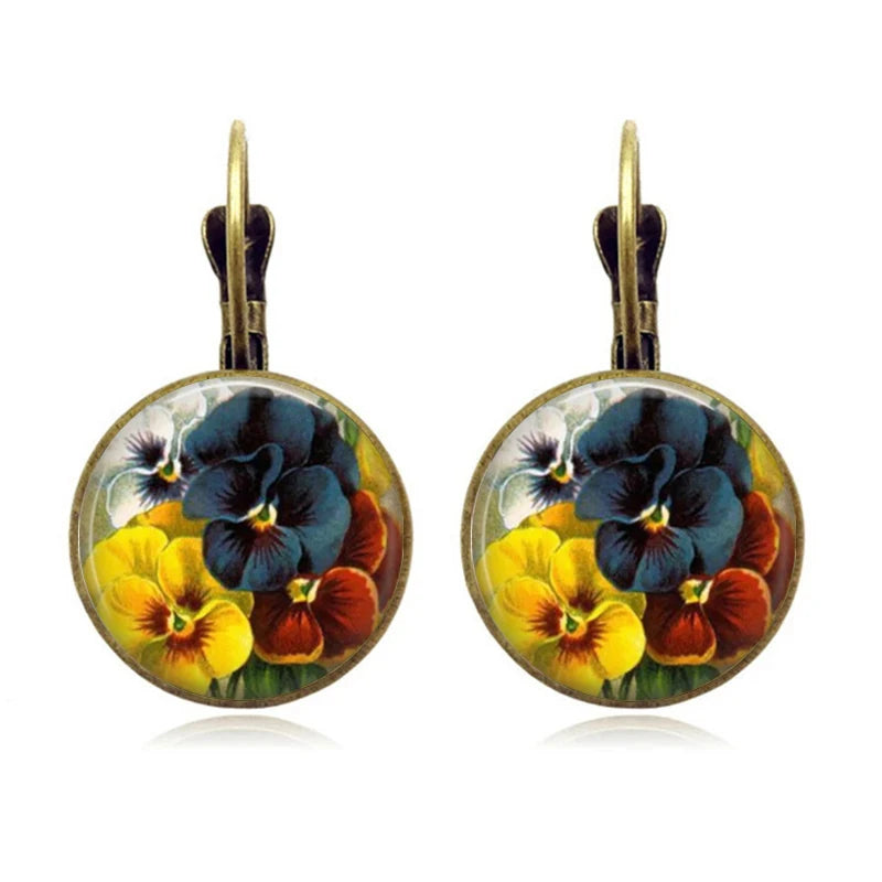 Retro Vintage Pink Rose Flower Round Glass Alloy Earrings - Several Options