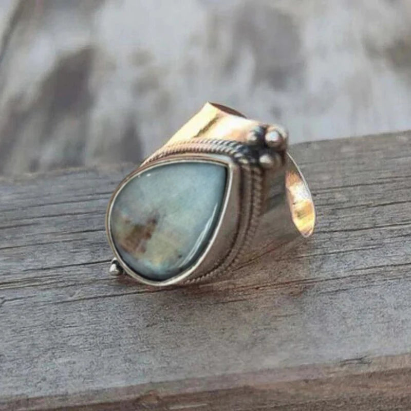 Bold Thick Vintage Inspired Ring with Pear Shaped Green Stone