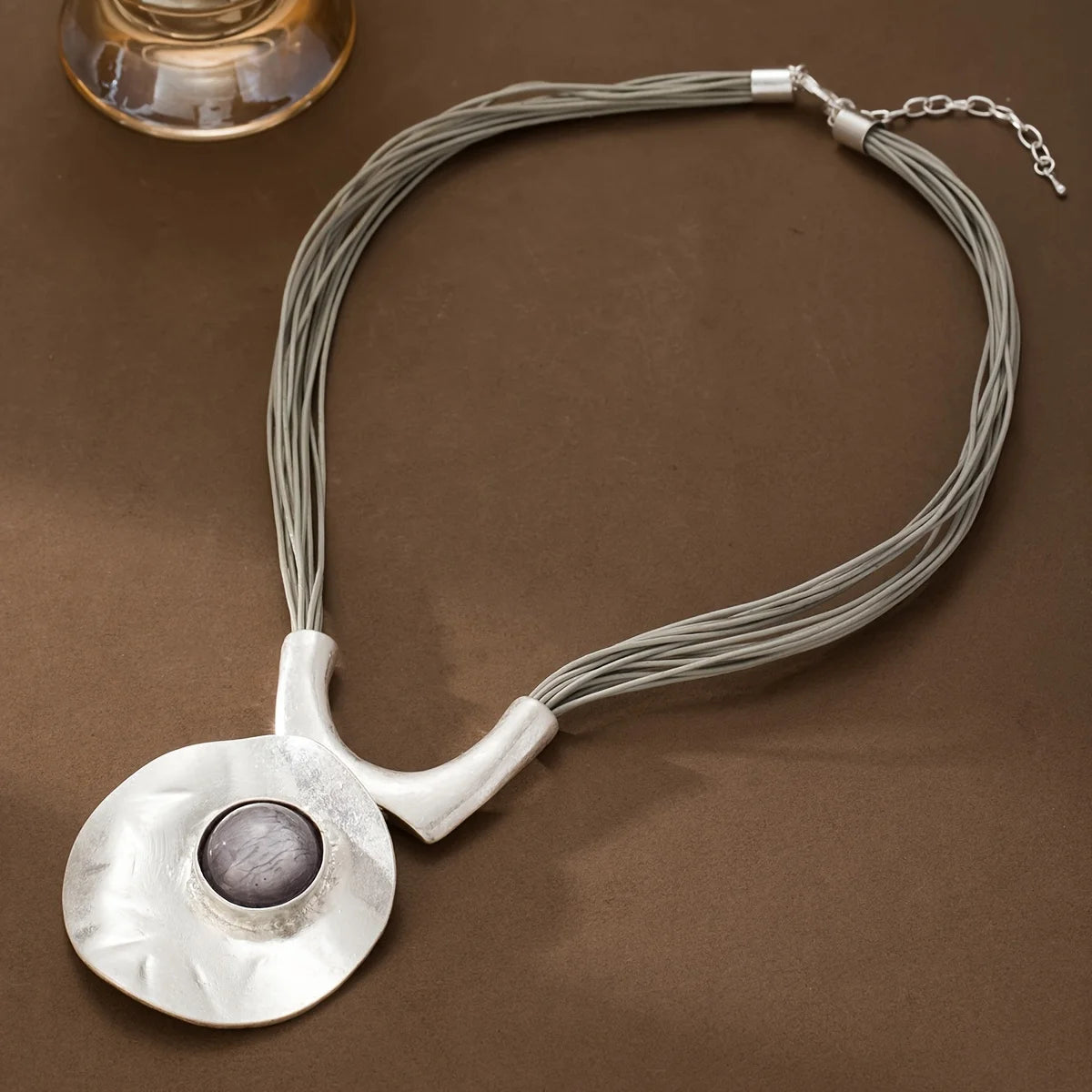 Large Metal Oval Hollow Geometric Alloy Pendant & Stone on Adjustable Multilayered Rope Chain