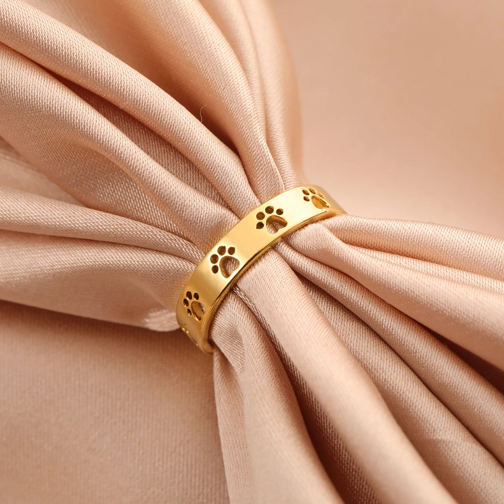 18K Gold Plated Stainless Steel Dog Paw Foot Print Ring in Gold & Silver
