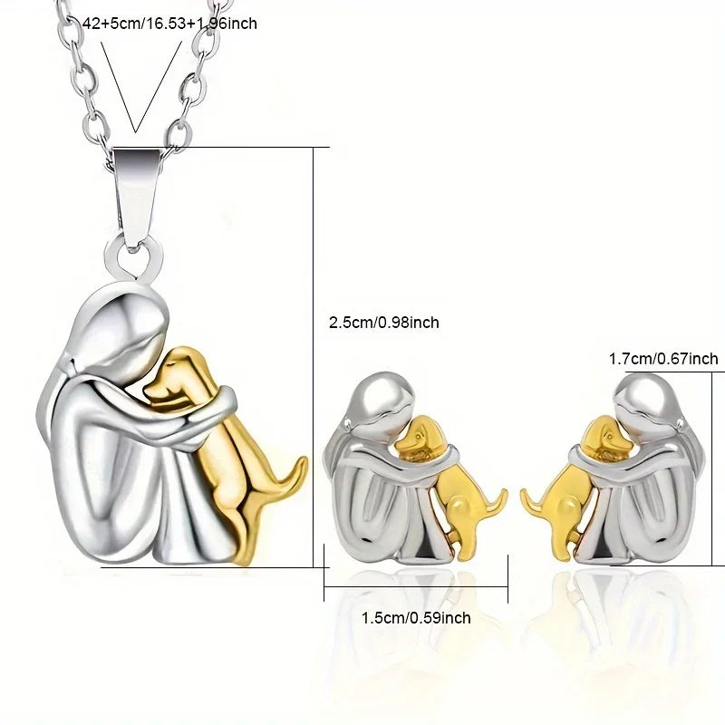 Two Tone Girl & Dog Hug Jewelry Set: Necklace & Earrings, Zinc Alloy