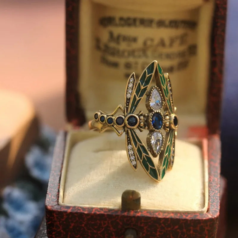 Bold Vintage Inspired Dragonfly Alloy Ring with Blue/Green/Clear CZ Stones