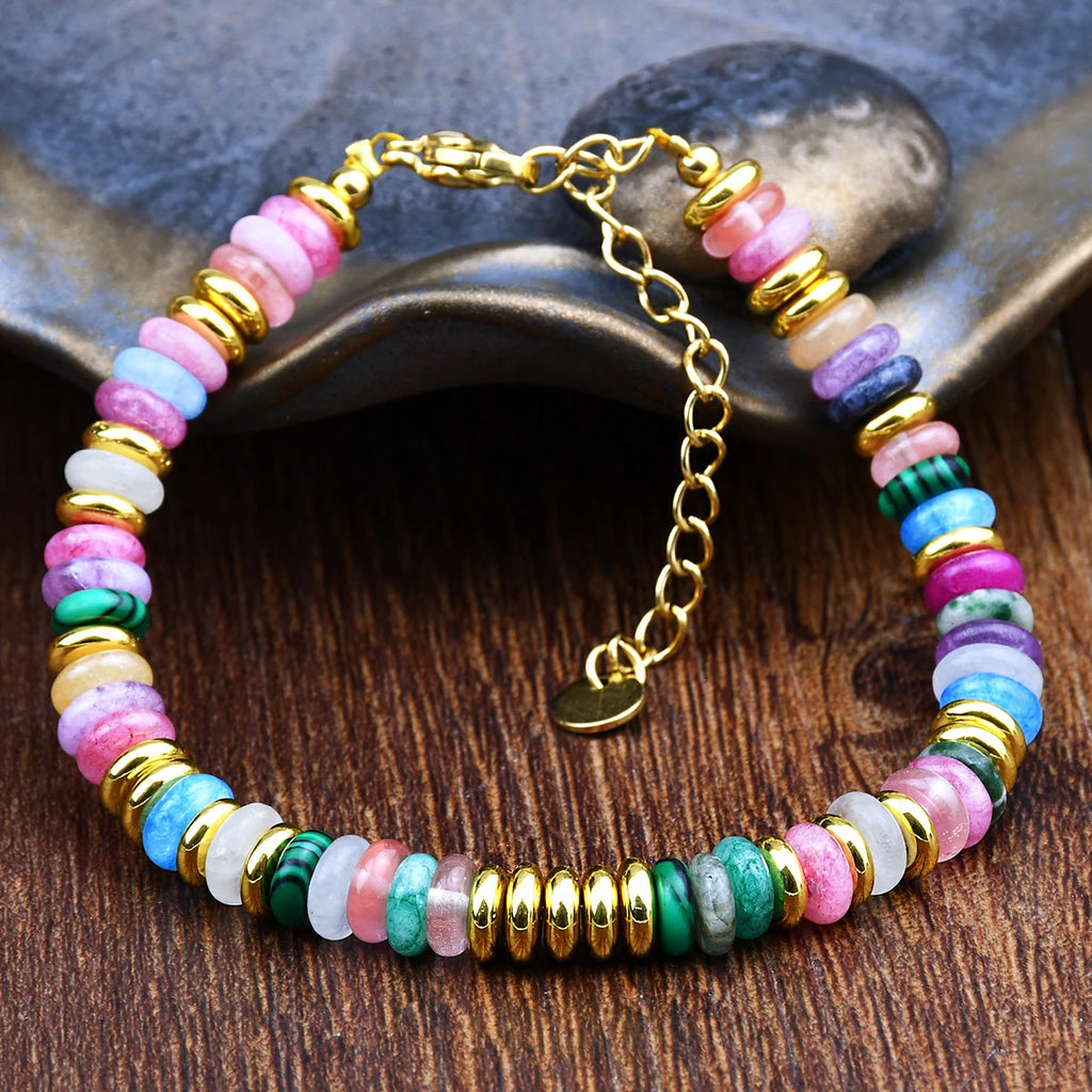Natural Colorful Beaded Gemstones Boho Stainless Steel Bracelet