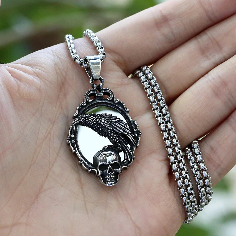 Gothic Stainless Steel Skull Head Crow Pendant Necklace
