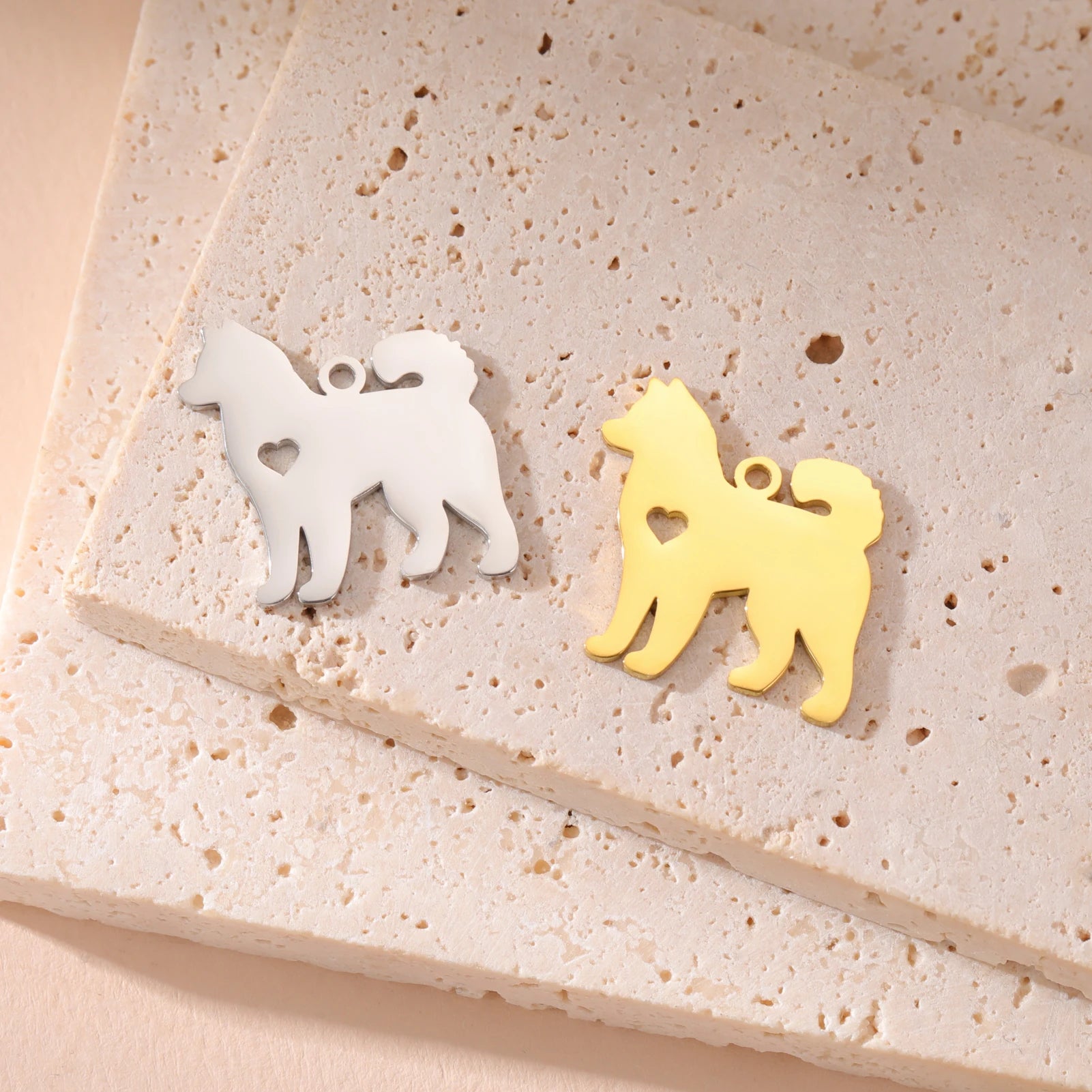 Covered Stainless Steel Dog & Wolf Charms with Cutout Hearts - For Bracelets & Necklaces
