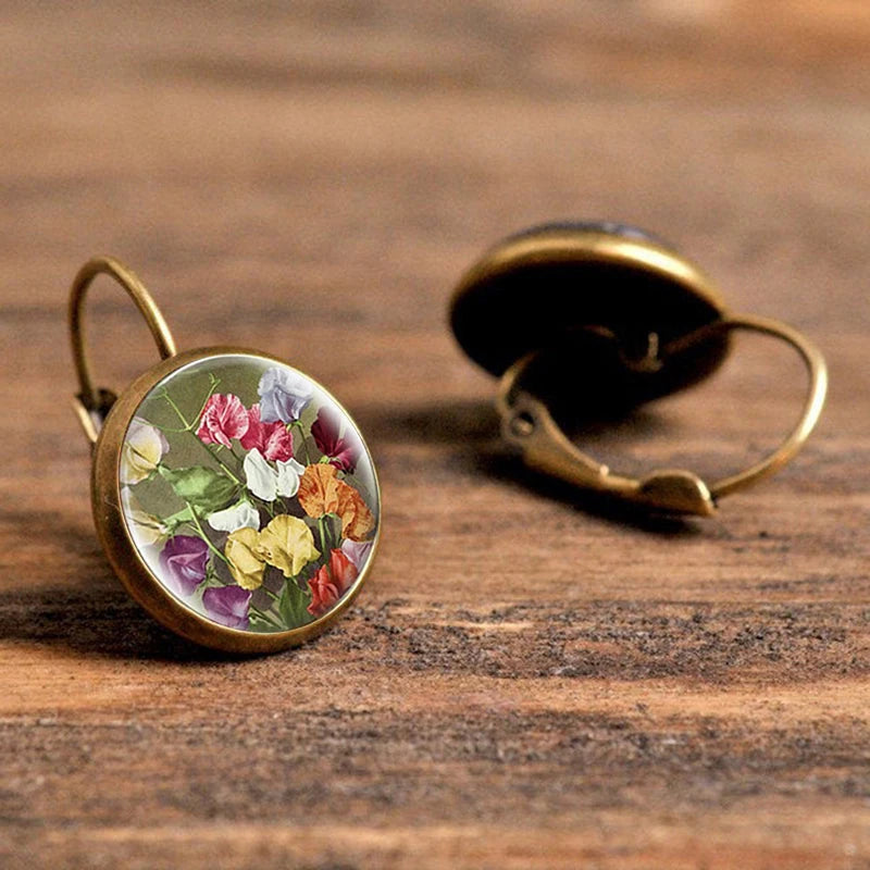 Retro Vintage Pink Rose Flower Round Glass Alloy Earrings - Several Options