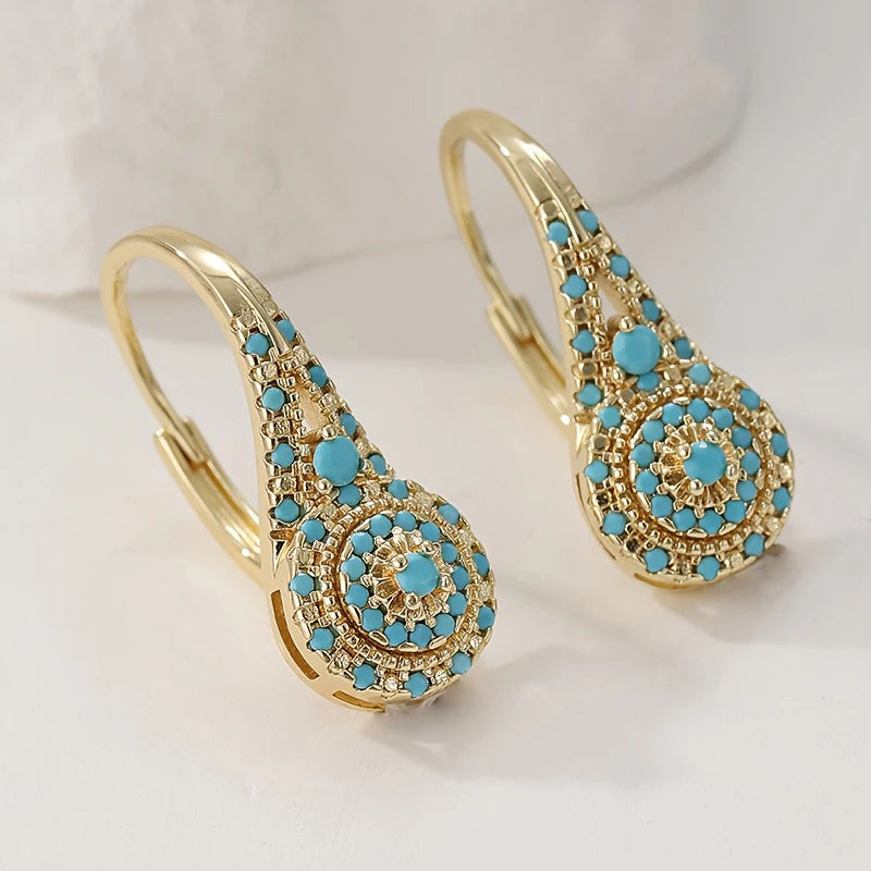Bohemia Style Gorgeous Inlaid Blue Turquoise Golden Alloy Earrings