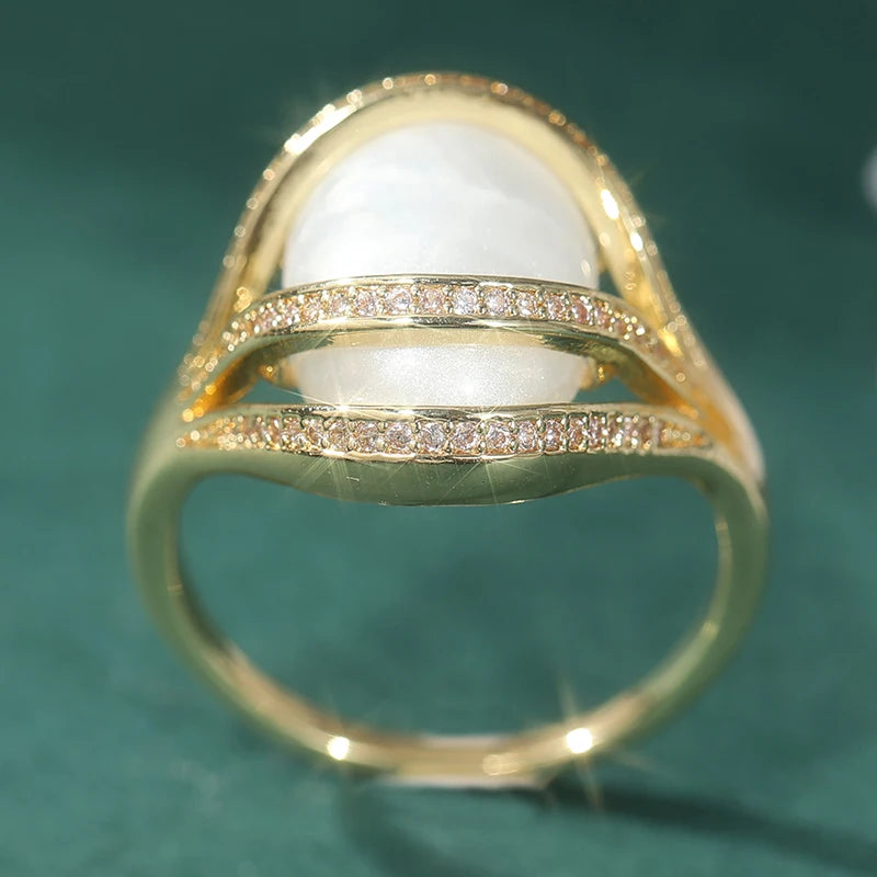 Bold Statement Brass Ring with Large White Faux Pearl & Zircon