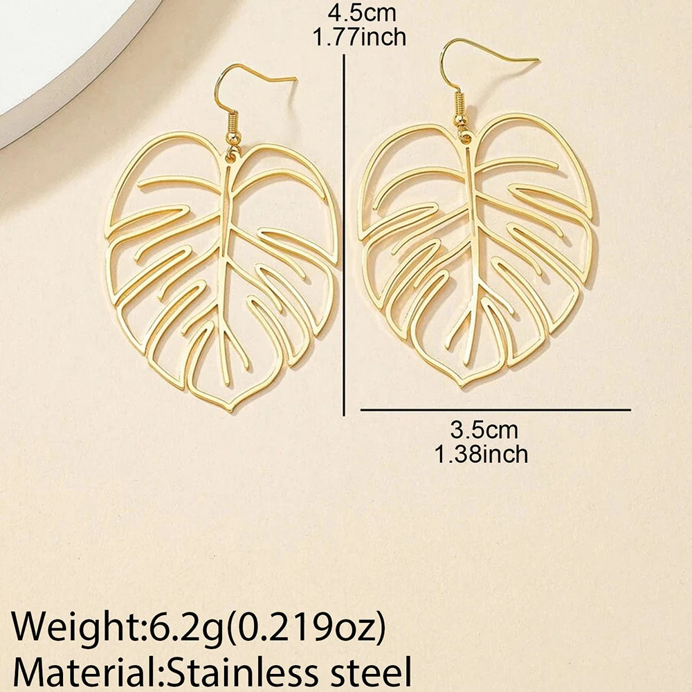 Stainless Steel Bohemian Hollow Exaggerated Leaf Dangle Drop Earrings