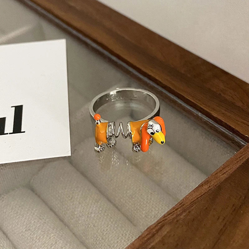 Spring Dog Ring in Zinc Alloy - Adjustable, Cartoon Dog, Orange