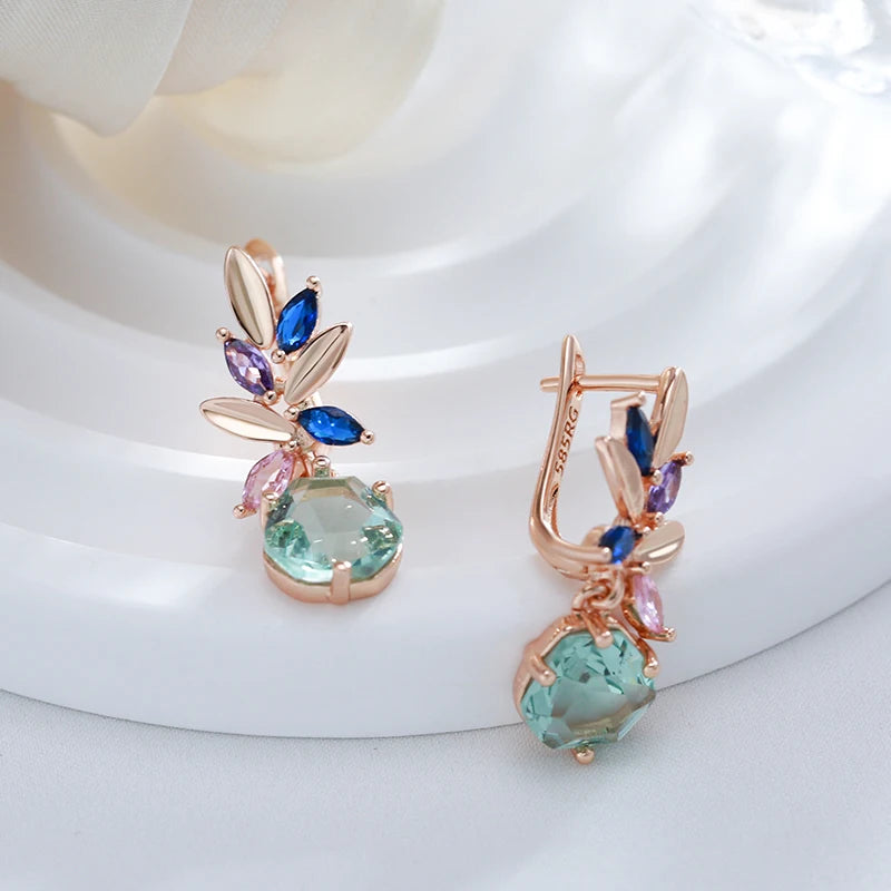 14K Rose Gold Plated Copper Earrings Natural Zircon Green Stone & Petals