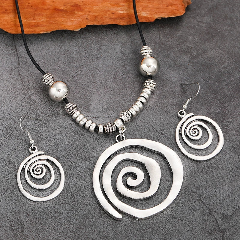 Bold Bohemian Style Alloy Spiral Pendant Necklace & Earrings