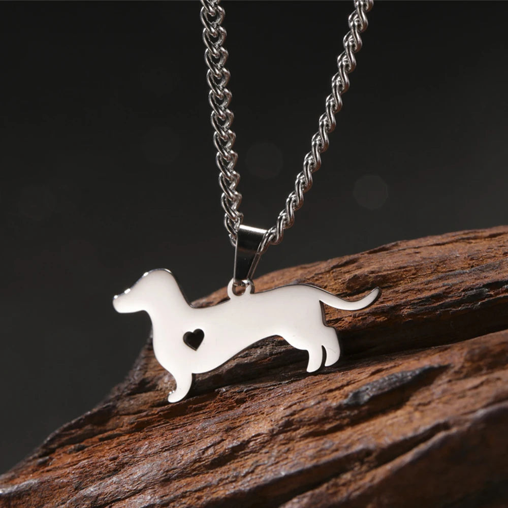 45+5 cm Stainless Steel Pendant Necklace Dachshund Dog Cutout Heart - 4 Options