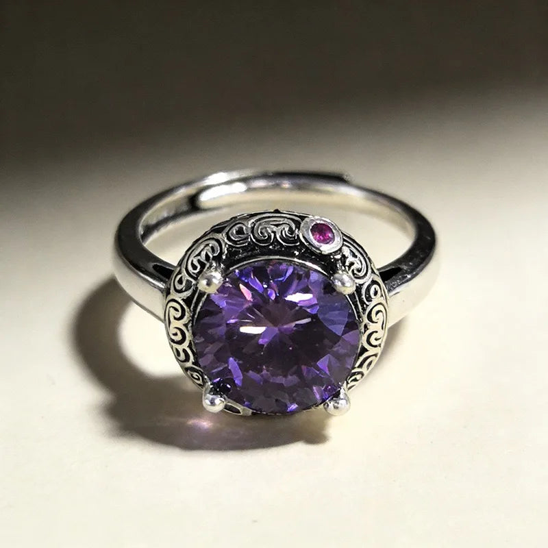 925 Sterling Silver Large Purple CZ Stone Adjustable Ring