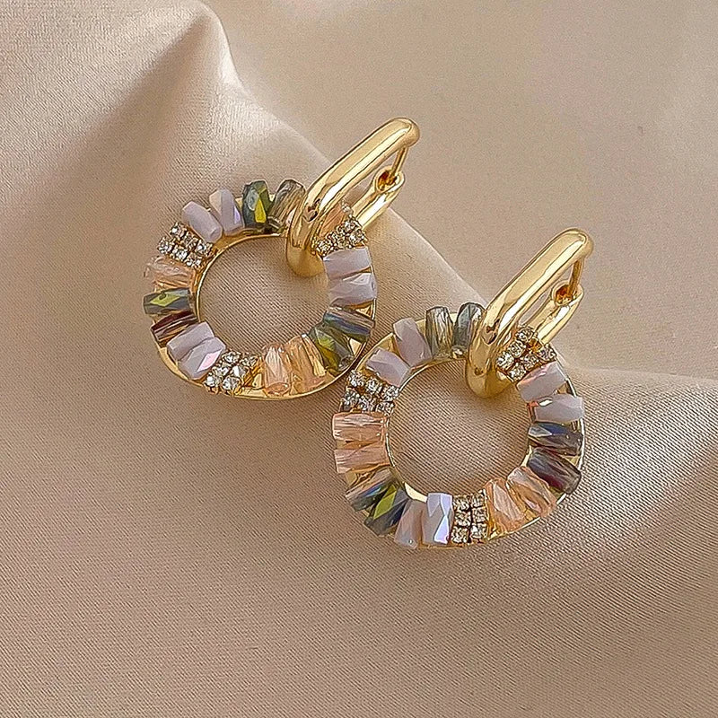Elegant Colorful Zircon Circle Drop Alloy Earrings