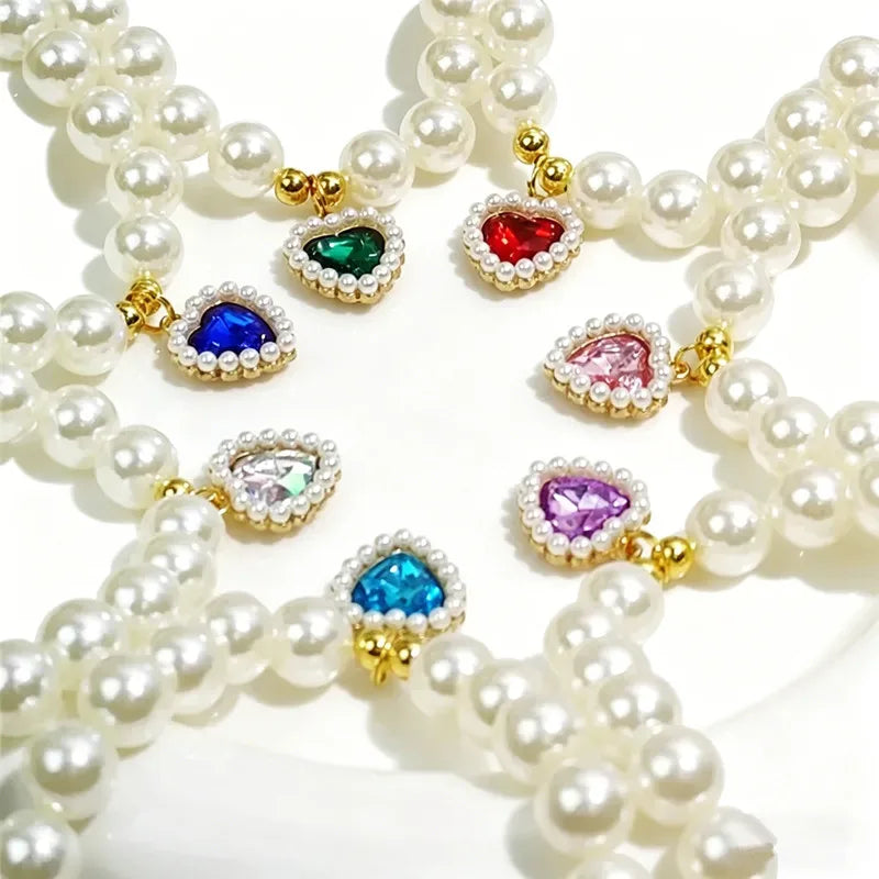 Faux Pearl Dog Necklace & Heart Rhinestone Pearl Pendant