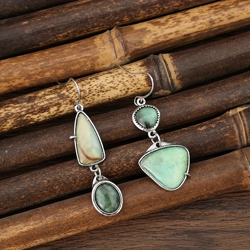 White Gold Plated Copper Green Stone Earrings - Boho, Asymmetric, Vintage Inspired