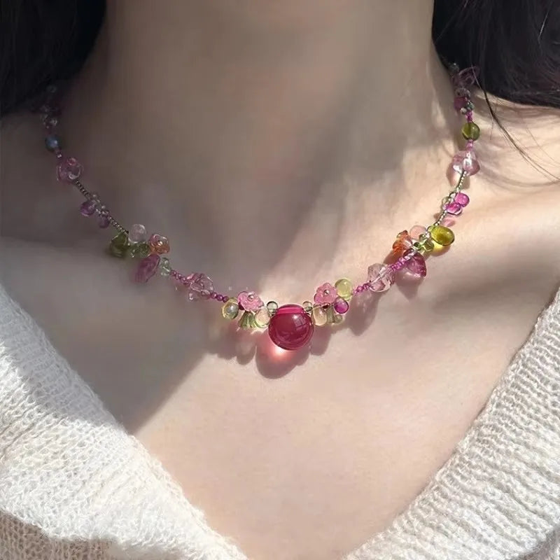 Resin Cherry Fruit Flower Bead Choker Necklace