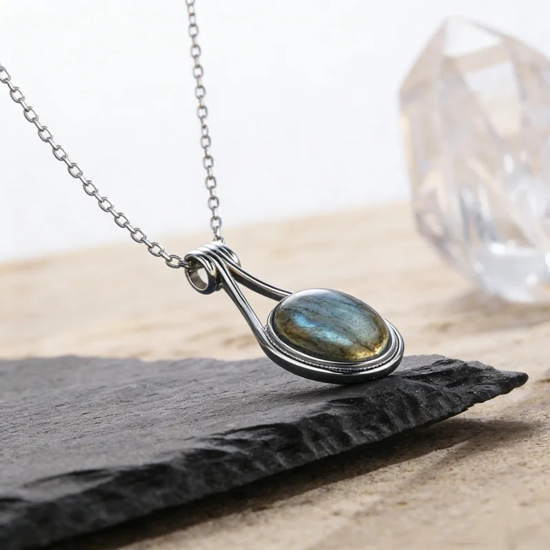 Platinum Plated Sterling Silver Pendant Natural Labradorite