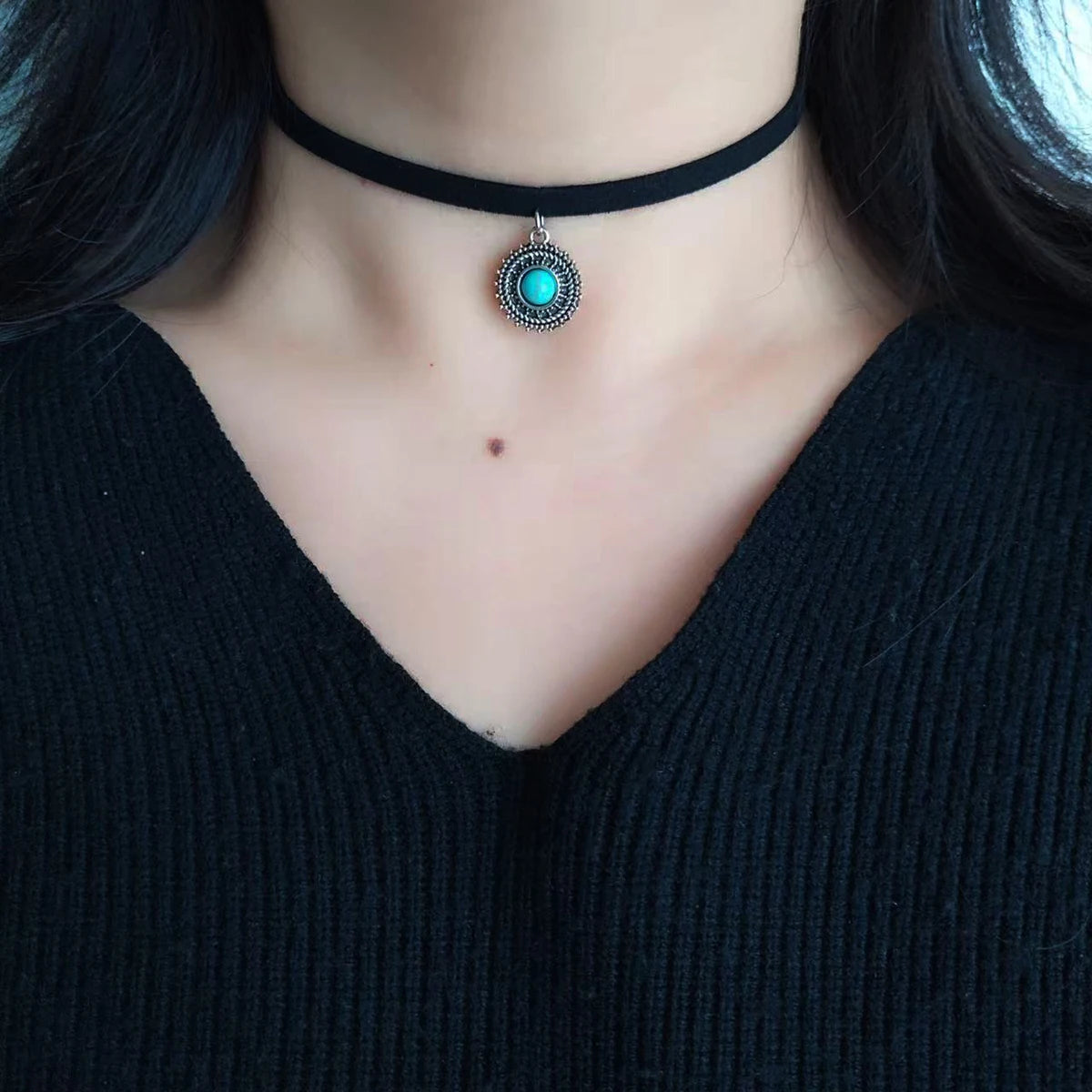 Boho Vamp Style Rope Choker Silver Plated Zinc Alloy Turquoise Pendant
